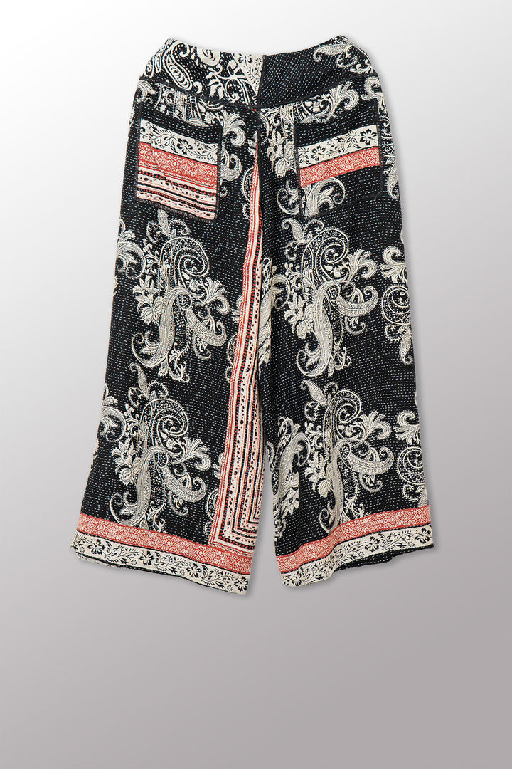 COTTON PAISLEY KANTHA MID RISE WIDE LEG PANTS - cp2665-blk -