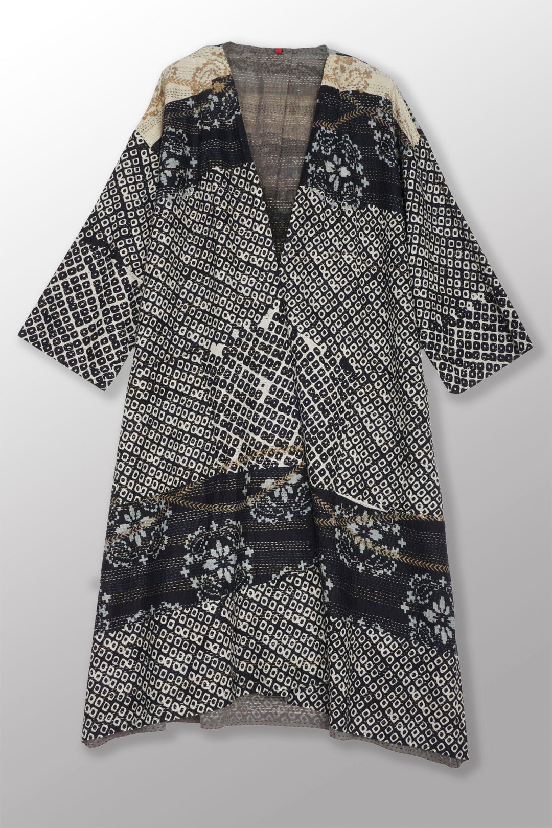 KIMONO COTTON KANTHA LONG DUSTER - kc2328-blk -