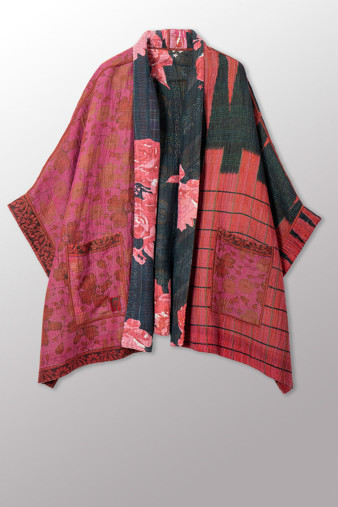 VINTAGE COTTON KANTHA DOUBLE COLLAR PONCHO - cv4323-0058a -