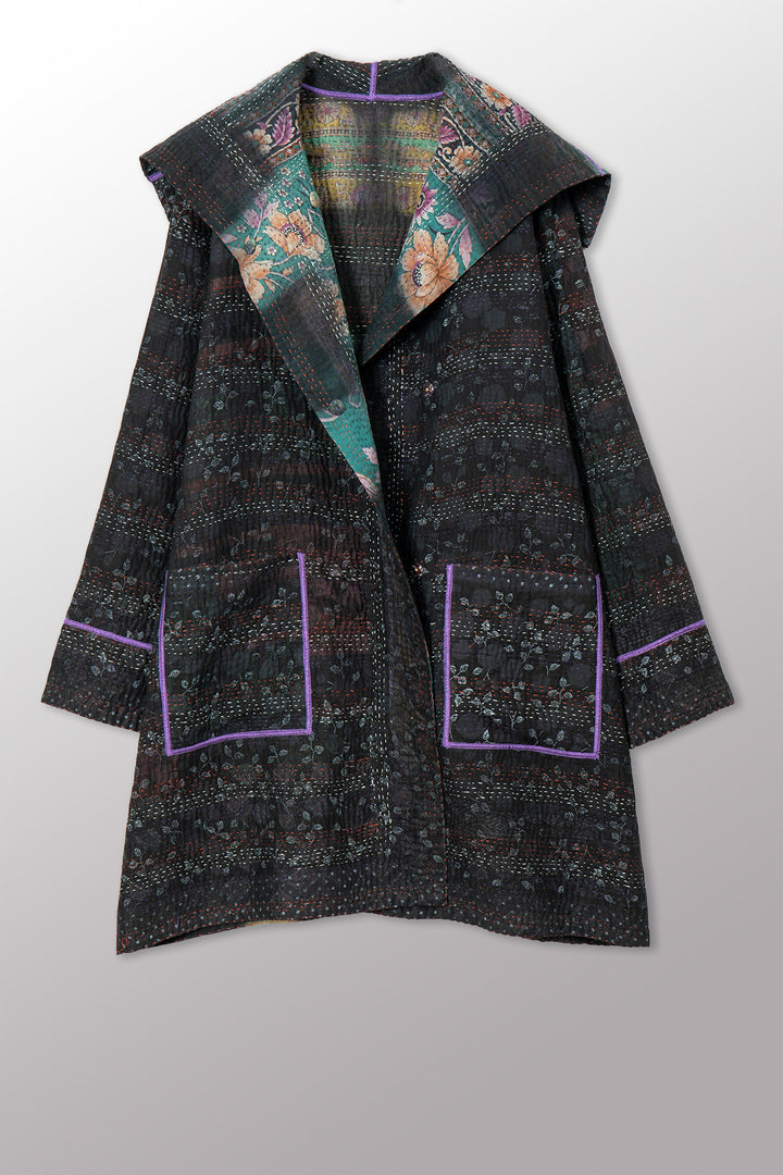 VINTAGE COTTON GREY CLAMP TIE DYE KANTHA POCKET MEDIUM COAT - su4316-0001m -