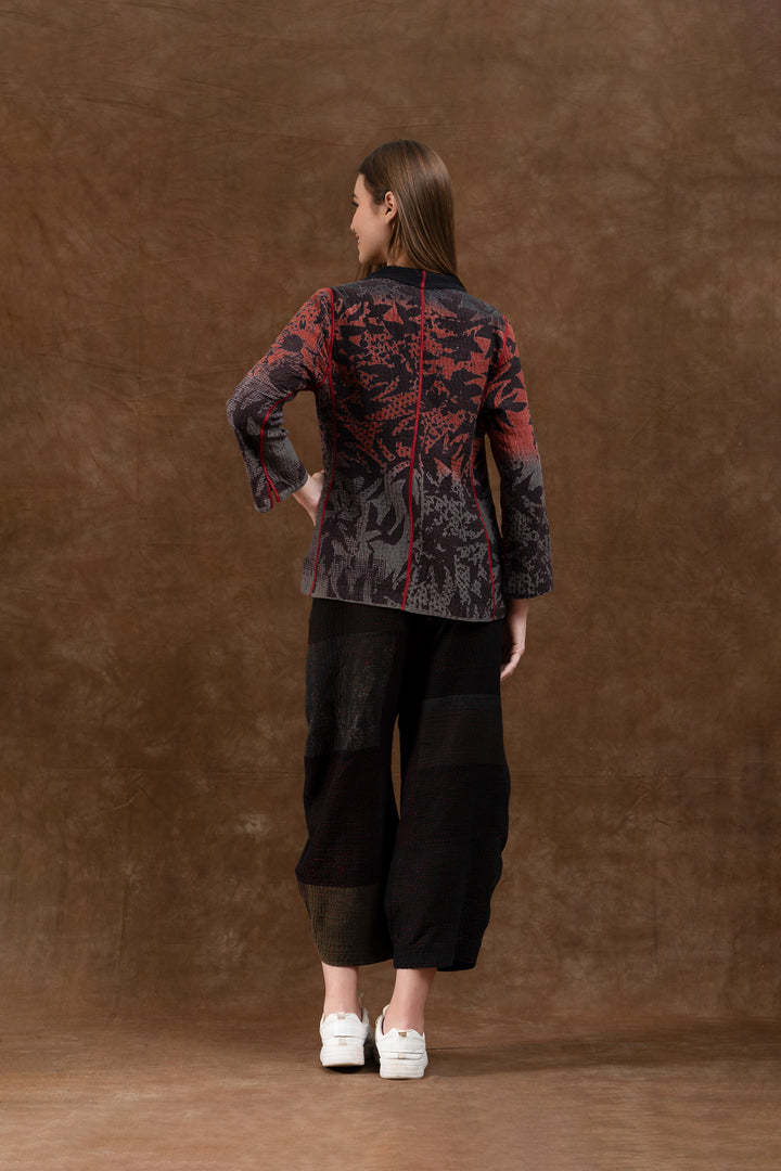 MONOTONE TWILIGHT PRINT KANTHA A-LINE JKT - tp4003-red -