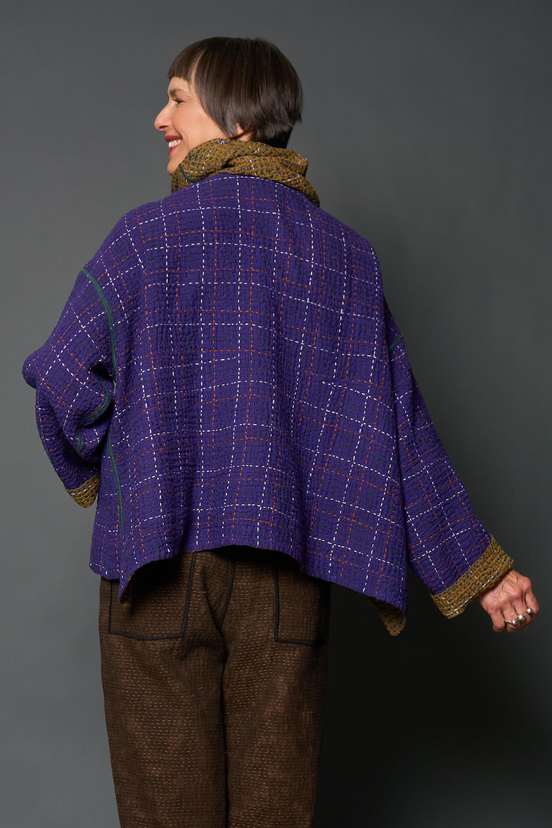 WOOL WAFFLE KANTHA NEW COWL NECK PONCHO - ww3083-prp -