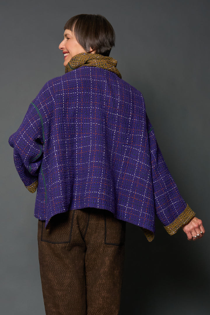 WOOL WAFFLE KANTHA NEW COWL NECK PONCHO - ww3083-prp -