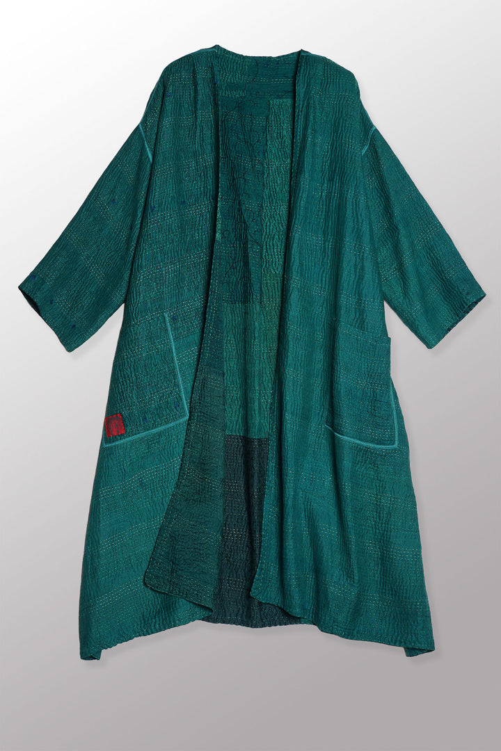 GEORGETTE JACQUARD VINTAGE SILK PATCH KANTHA LONG DUSTER - gj4328-grn -