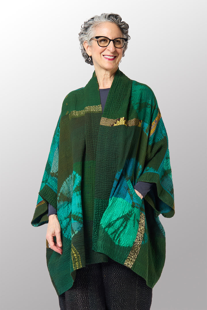 SHIBORI TIE DYE COTTON SILK SW PATCH KANTHA DOUBLE COLLAR PONCHO - st-ws4323-grn -