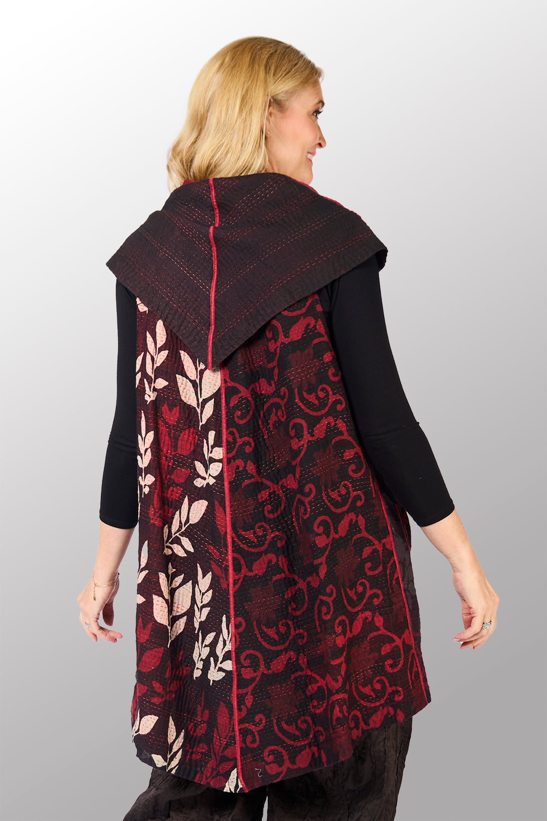 BIG PRINTED PATCH WITH OMBRE BACKING KANTHA CIRCULAR VEST - px4201-red -