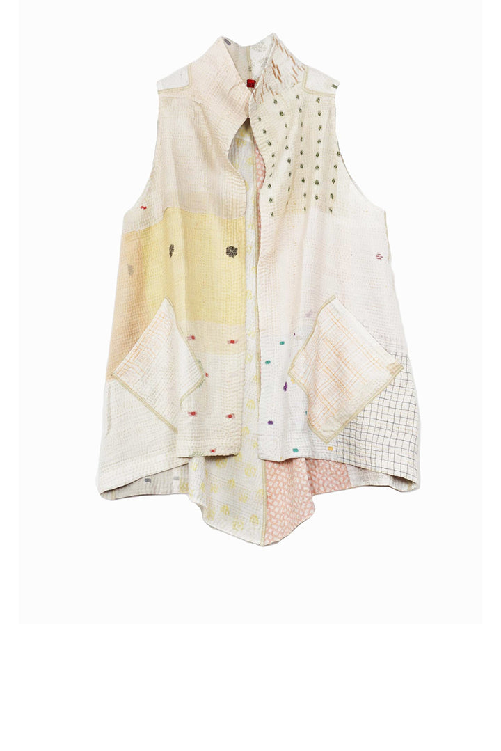 FRAYED PATCH MIX KANTHA WING COLLAR SHORT VEST - fm4204-ivy -