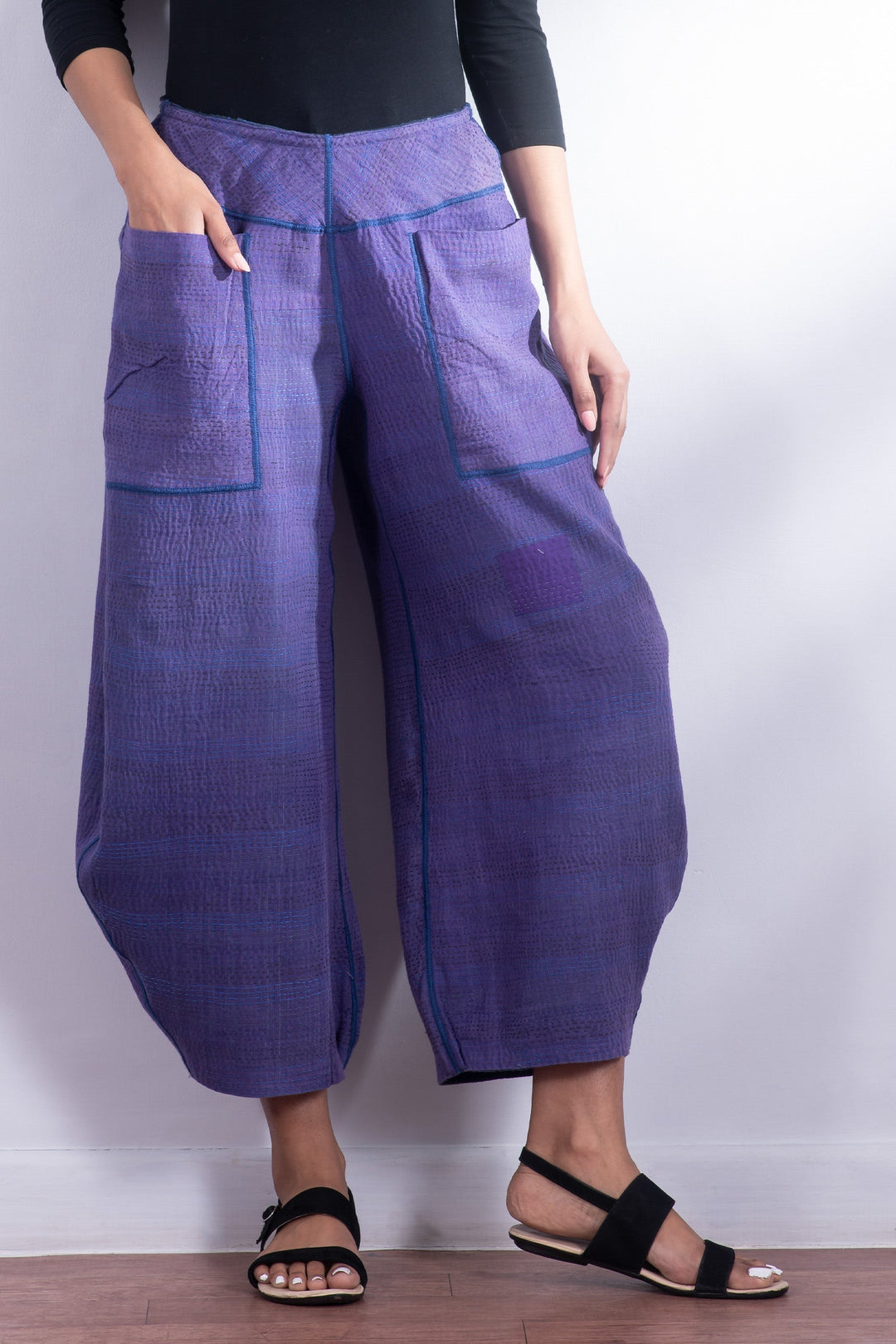 FRAYED PATCH KANTHA HAREM PANTS - fi2605-nvy -
