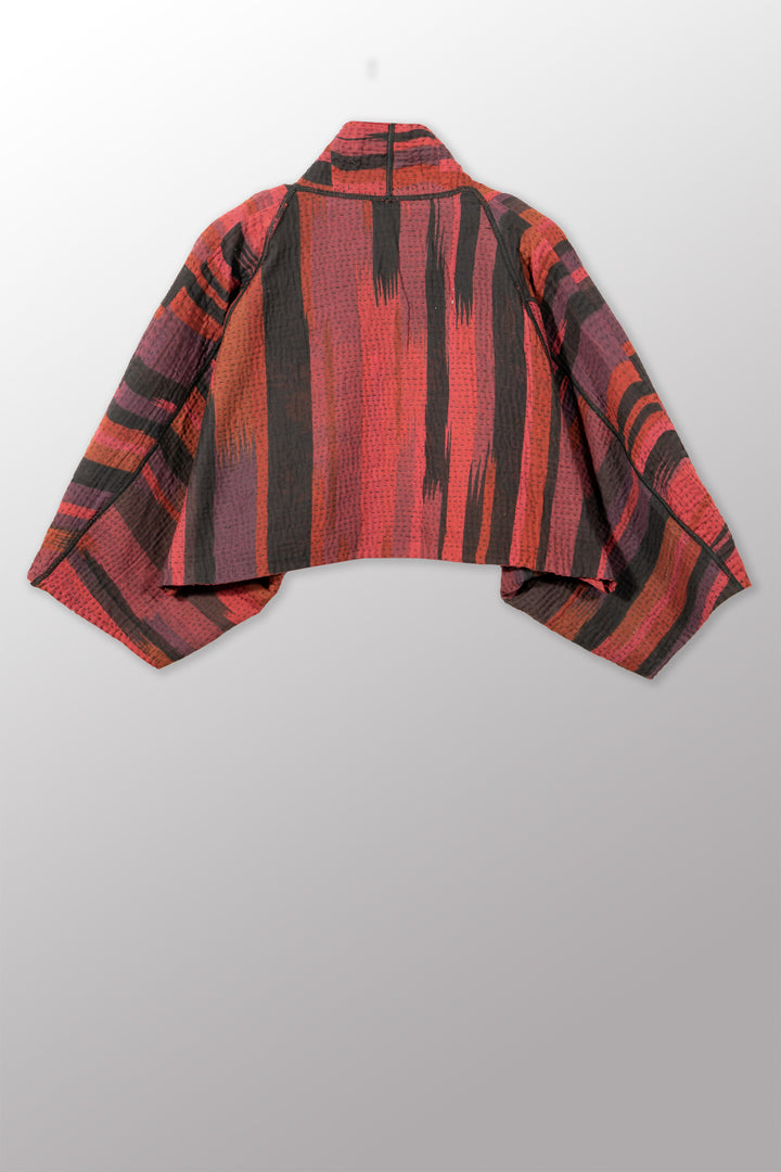 IKAT STRIPE KANTHA PUFF SLV. SHRUG - is4062-red -