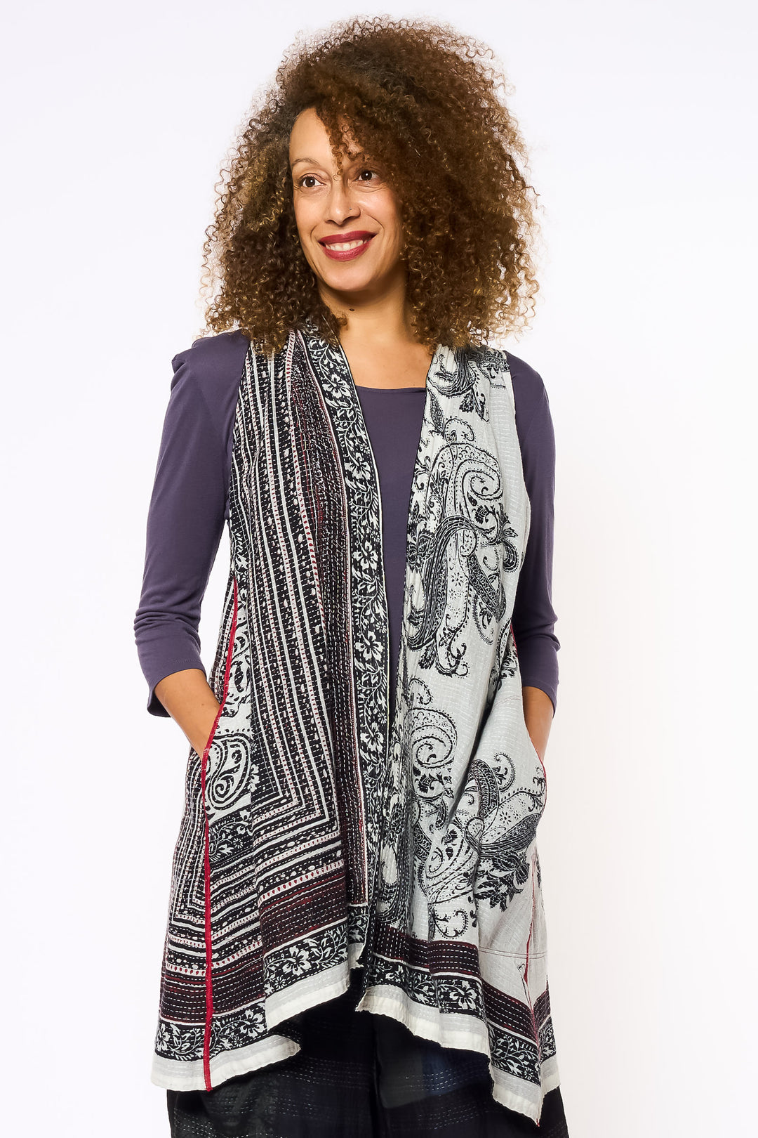COTTON PAISLEY KANTHA BACK PLEATED VEST - cp2221-wht -