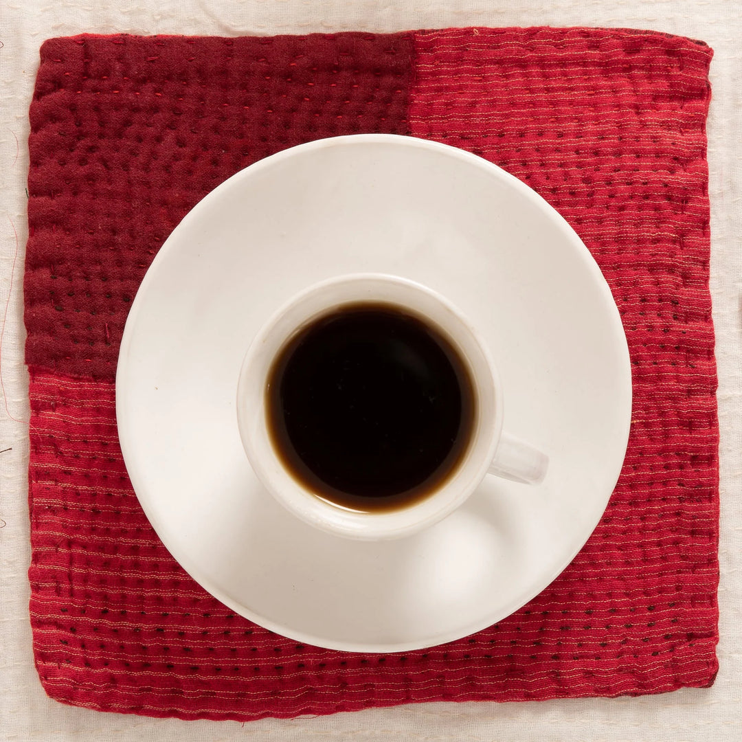 Landscape Handmade Kantha Coaster -Red (Set of 2)