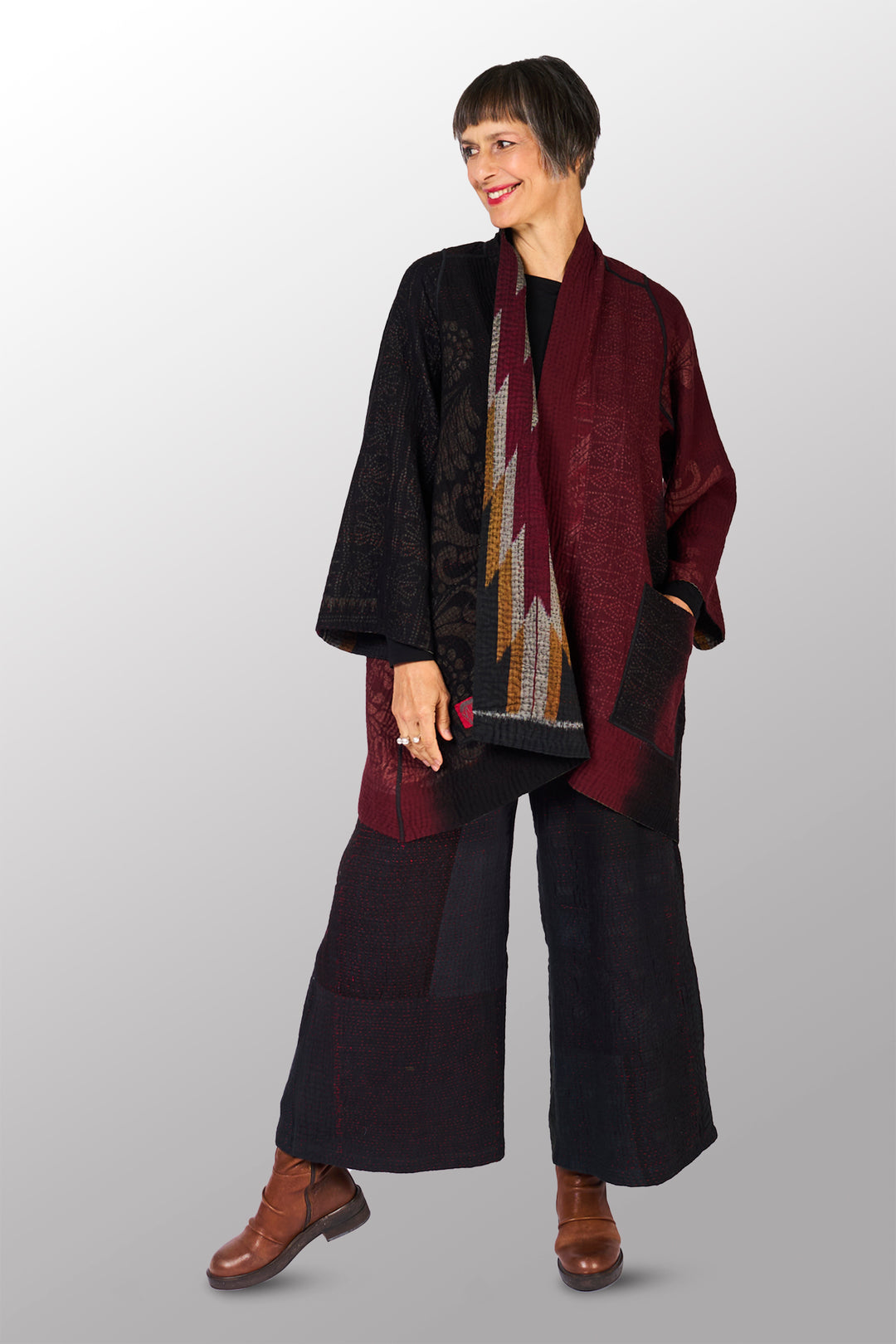 WOVEN HANDLOOM IKAT WITH OMBRE KANTHA A-LINE JACKET - wh4003-red -