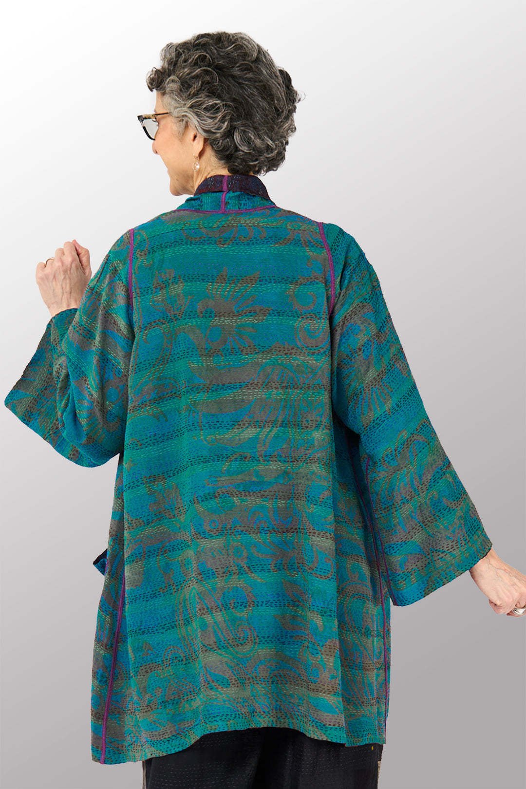 GEORGETTE JACQUARD VINTAGE SILK PATCH KANTHA A-LINE JACKET - gj2003-0001a -