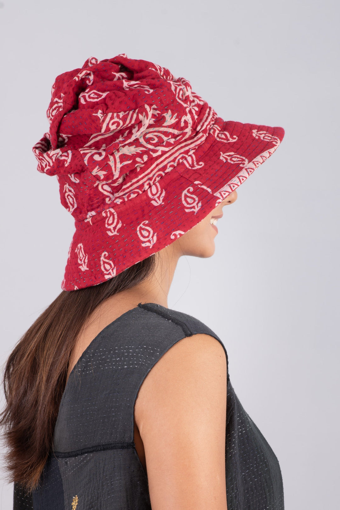 VINTAGE COTTON KANTHA FULL BRIM HAT - cv4889-red -