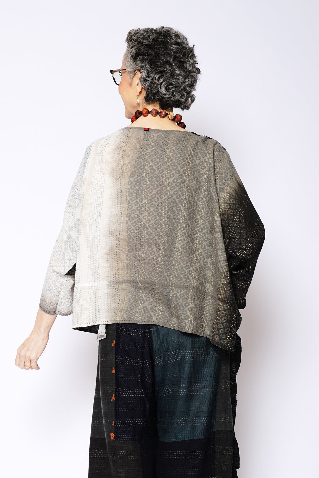 KIMONO COTTON KANTHA 3/4 SLV. CROP TOP MIO - kc2538-gry -