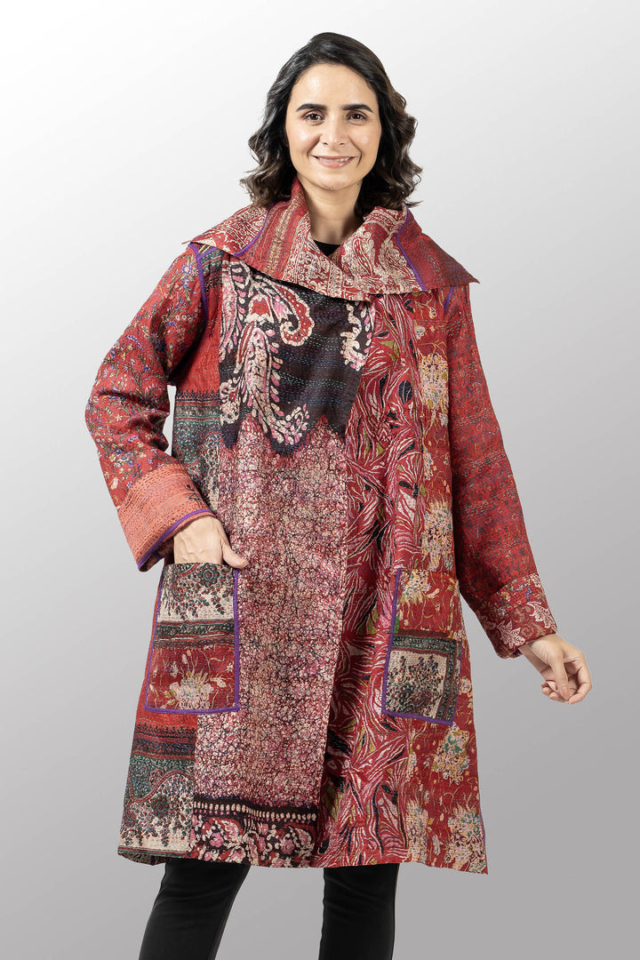 VINTAGE SILK KANTHA POCKET MEDIUM COAT - sv2316-0001a -