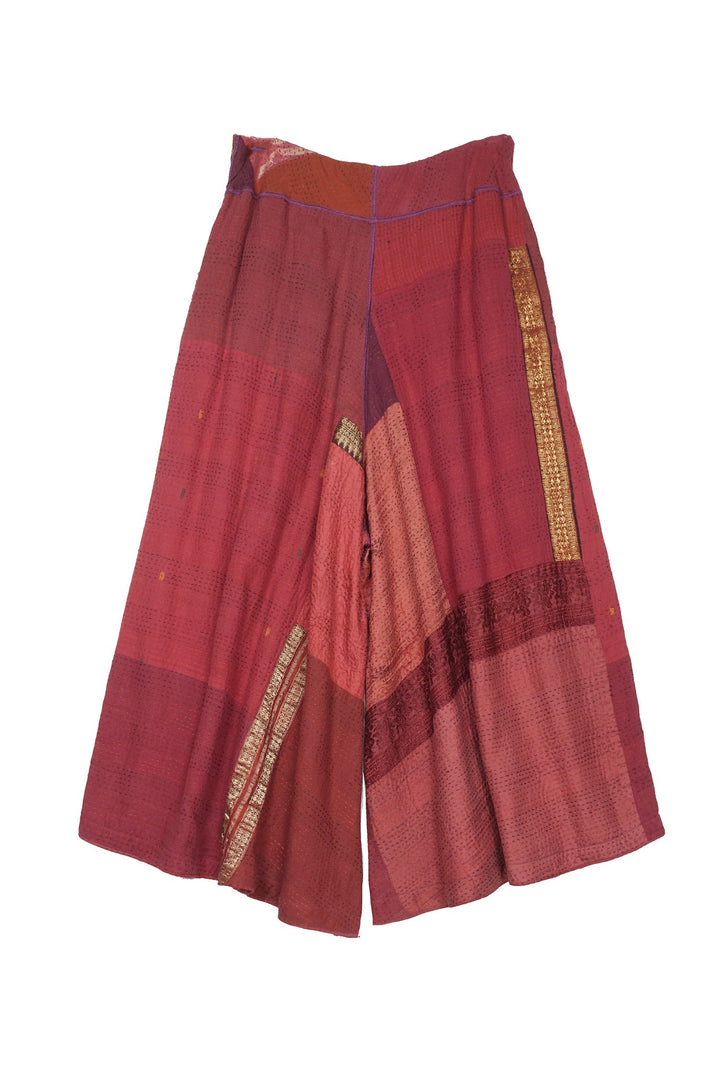 COTTON SILK SW PATCH KANTHA WIDE LEG SHORT PANTS - ws2624-red -