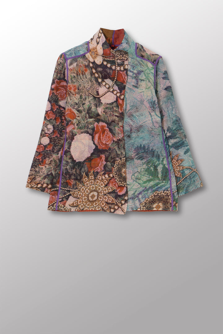 VINTAGE SILK GEORGETTE COTTON KANTHA SHORT JKT - gc2007-0003s -
