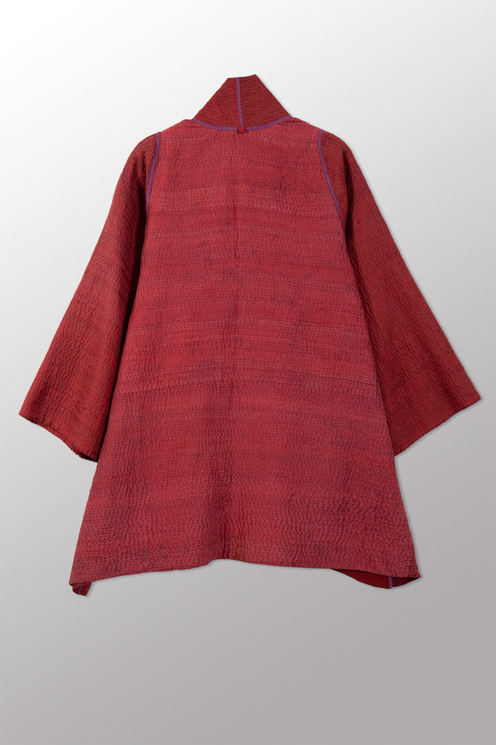 GEORGETTE JACQUARD VINTAGE SILK PATCH KANTHA A-LINE JACKET - gj4003-red -
