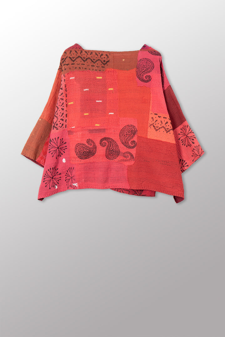 LANDSCAPE FRAYED PATCH KANTHA WITH STAMP 3/4 SLV. CROP TOP MIO - sp-lf2538-red -