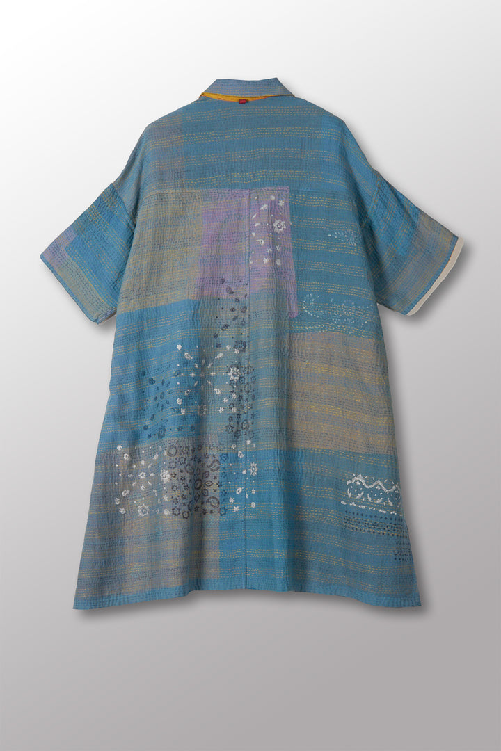 MOSAIC FRAY PATCH KANTHA HALF SLV. SHIRT DRESS - zb2429-mlt -