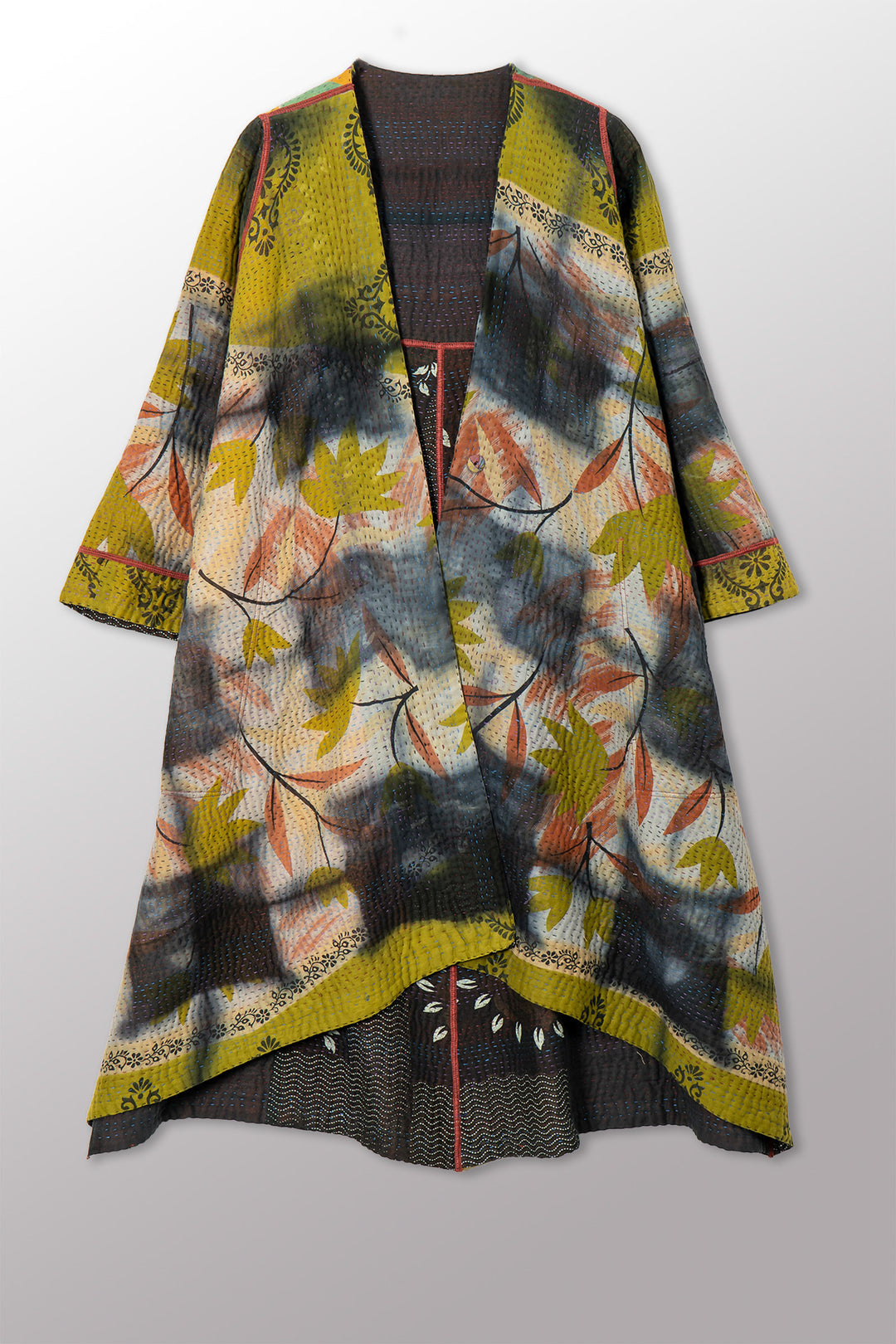 VINTAGE COTTON GREY CLAMP TIE DYE KANTHA WRAP FLARE COAT - su4330-0001a -