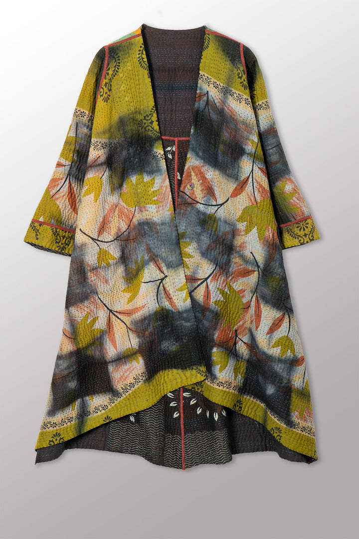 VINTAGE COTTON GREY CLAMP TIE DYE KANTHA WRAP FLARE COAT - su4330-0001a -