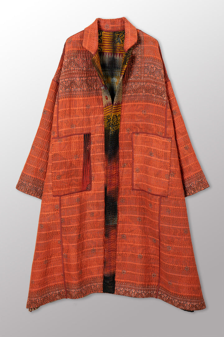 VINTAGE COTTON GREY CLAMP TIE DYE KANTHA  NEW OVERSIZED COAT - su4342-0003a -