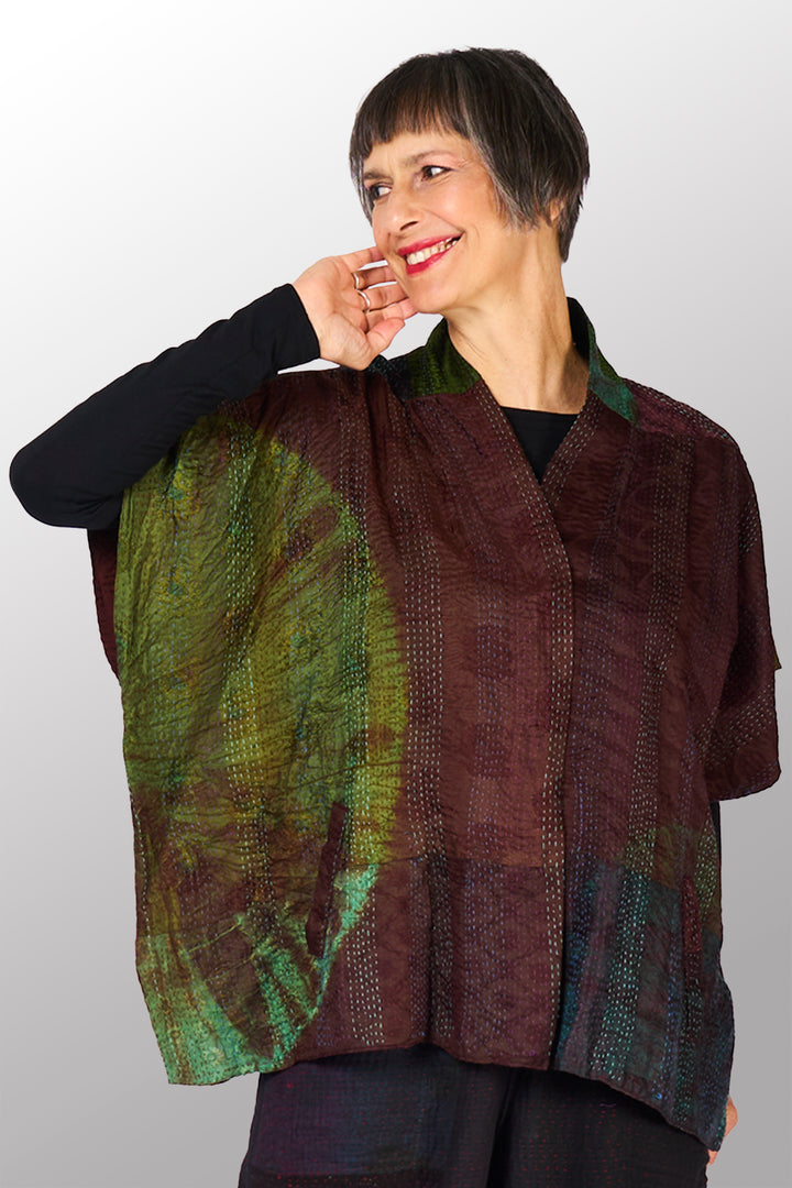 JACQUARD SILK PATCH TIE DYE CIRCLE SHIBORI KANTHA PONCHO TOP - wj2568-grn -