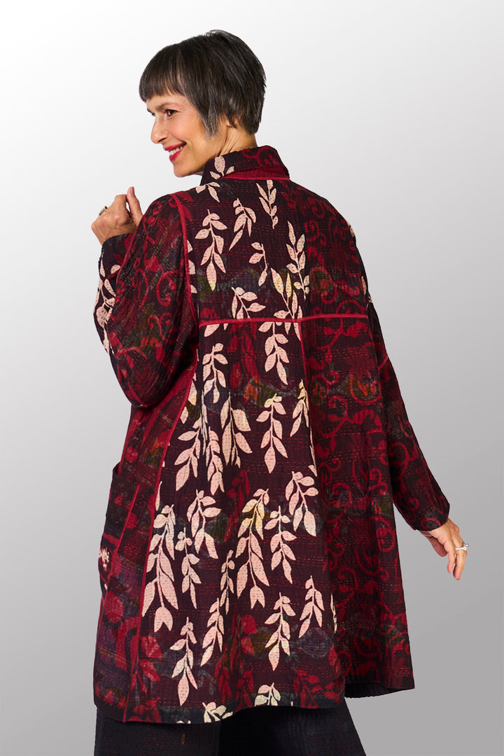 BIG PRINTED PATCH WITH OMBRE BACKING KANTHA A-LINE DUSTER - px4311-red -