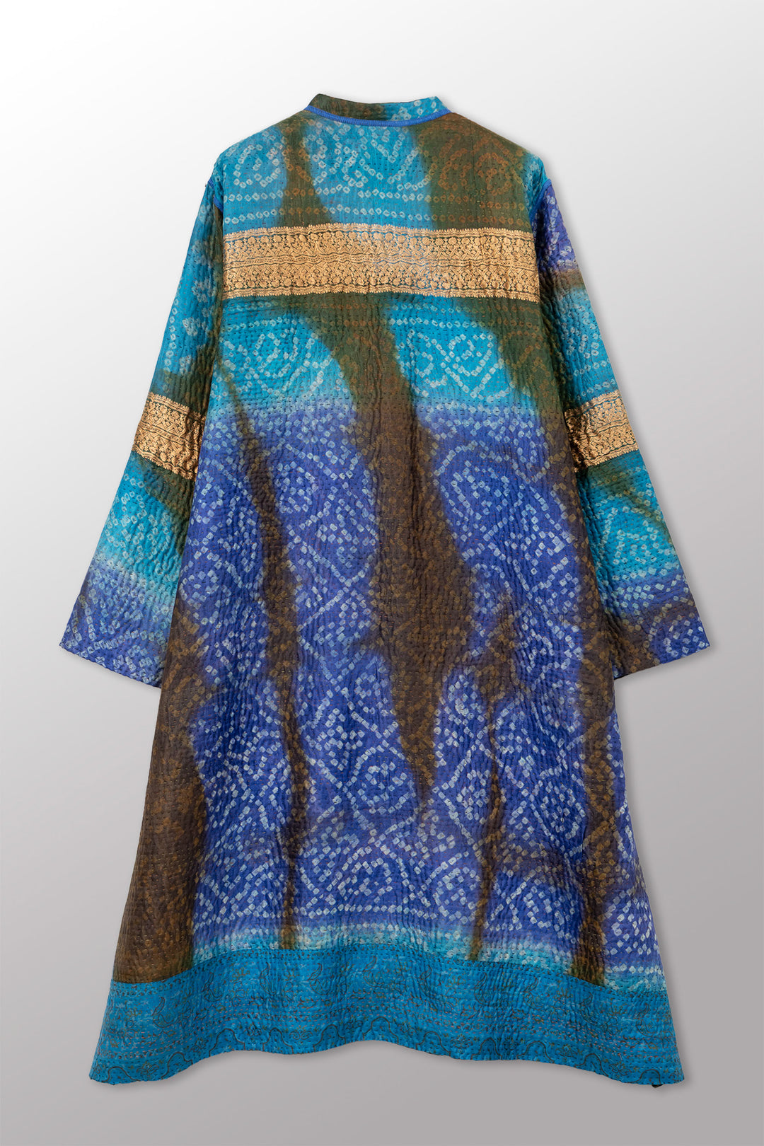 VINTAGE PRINTED SILK CLAMP DYE WITH JACQUARD KANTHA KAFTAN COAT - sk4343-0001m -