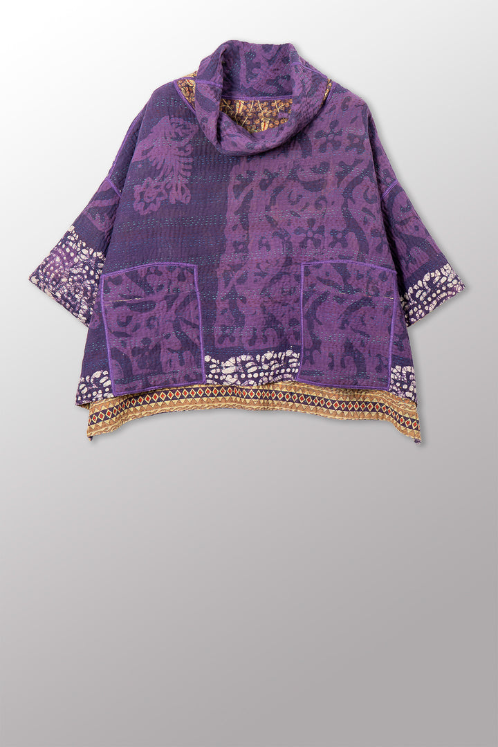 VINTAGE COTTON KANTHA COWL NECK PONCHO - cv4061-0034a -