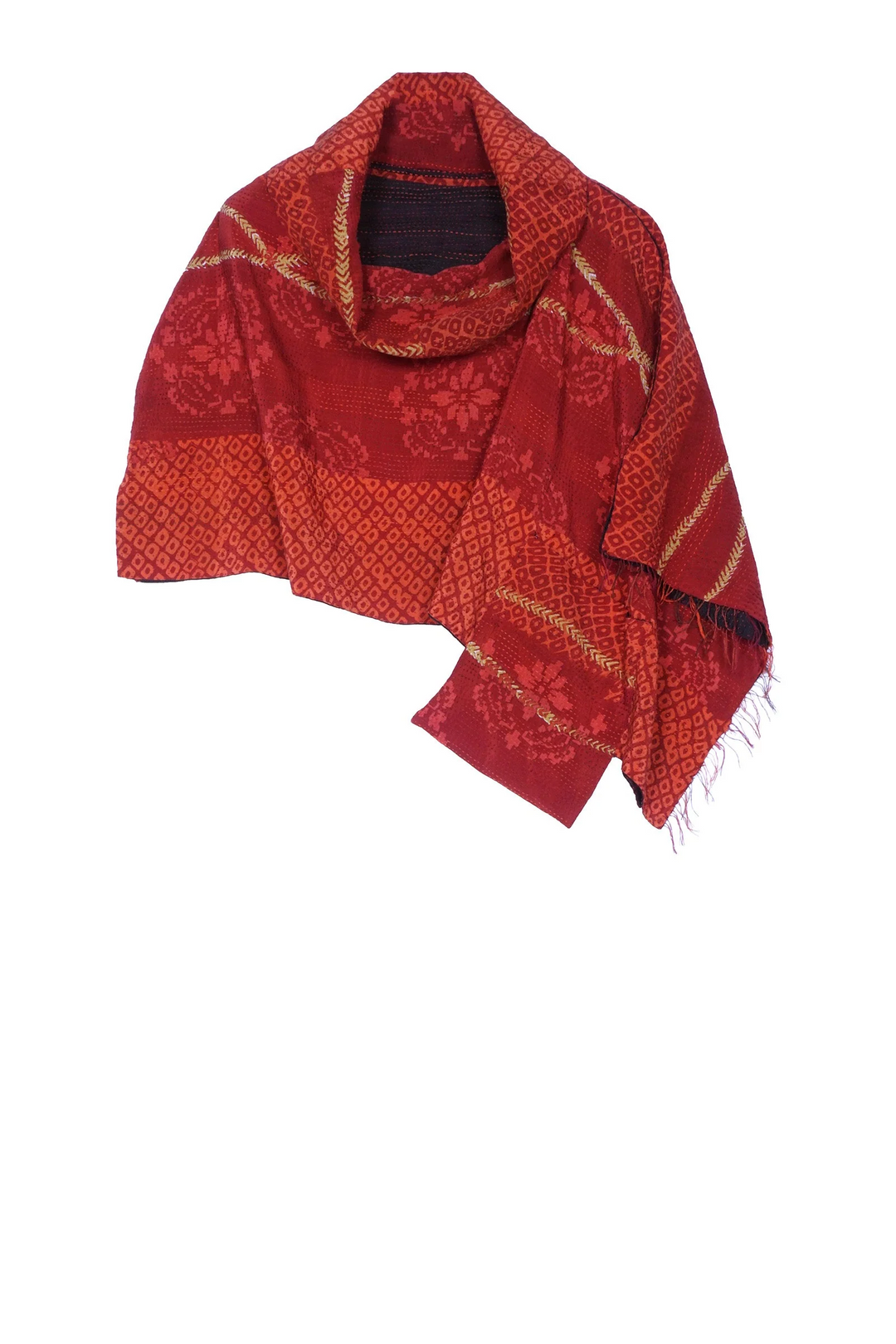 KIMONO PRINT KANTHA COWL NECK CAPE - kp2807-red -