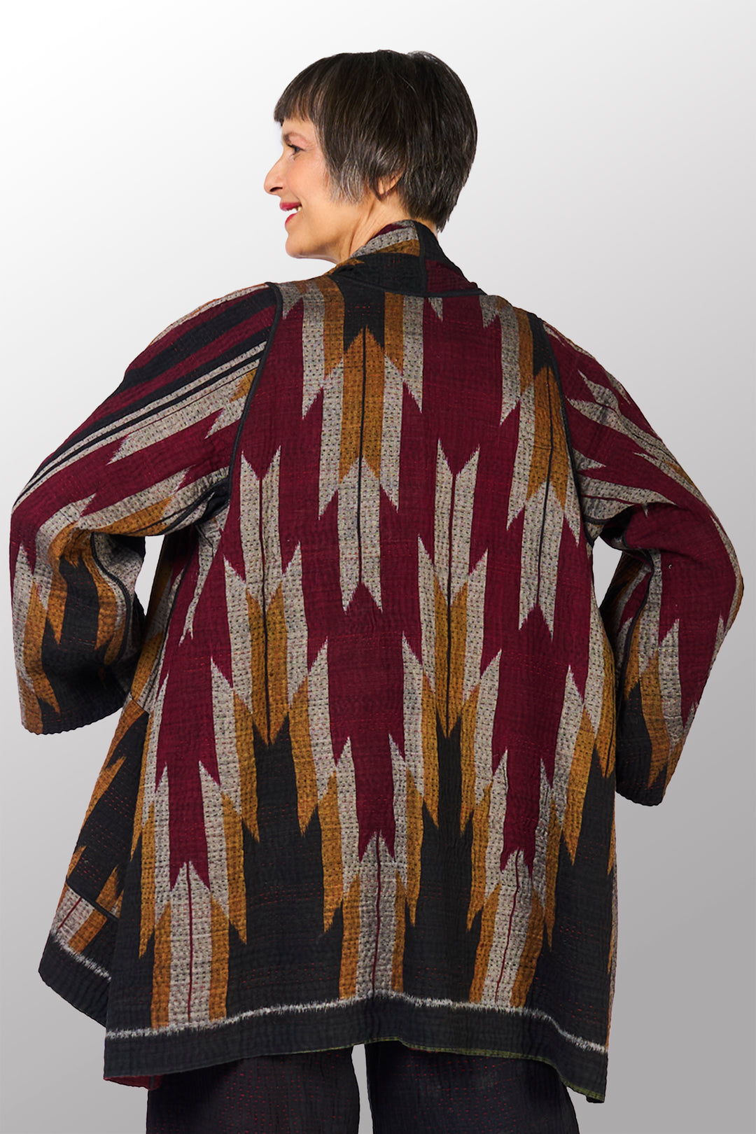 WOVEN HANDLOOM IKAT WITH OMBRE KANTHA A-LINE JACKET - wh4003-red -