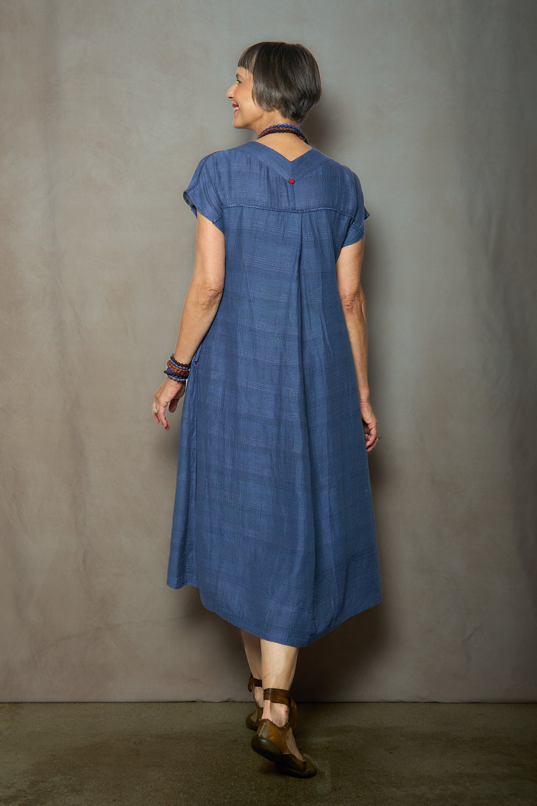 CLOUD TIE DYE FLORAL KANTHA V-NECK FRENCH SLV. DRESS - uf2467-blu -