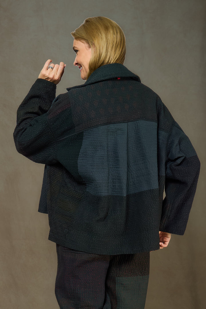 DENIM SUN-DYE KANTHA CROPPED SHIRT JACKET - ds3075-blk -