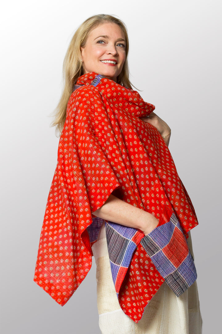 VINTAGE COTTON KANTHA COWL NECK LONG CAPE - cv2842-0005a -