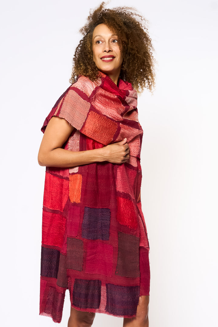 TONAL TILE PATCH KANTHA COWL NECK DRESS - tt2416-red -