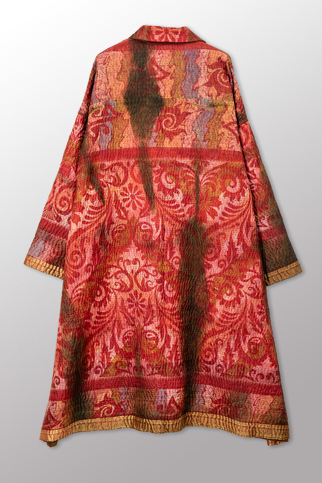 VINTAGE PRINTED SILK CLAMP DYE WITH JACQUARD KANTHA NEW OVERSIZED COAT - sk4342-0004a -