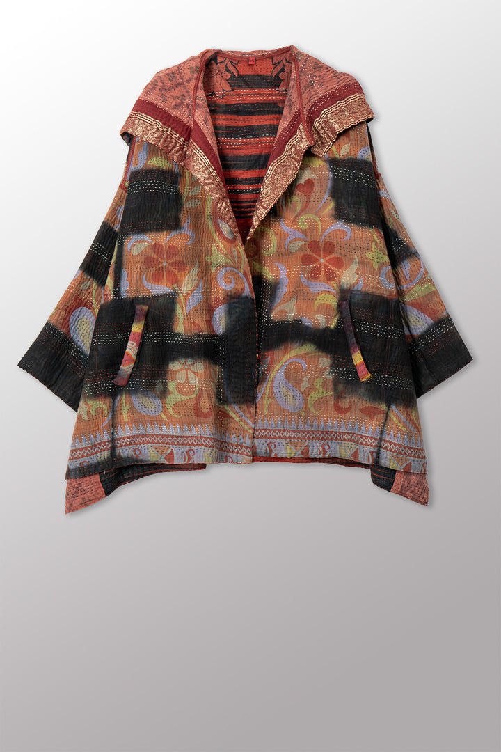 VINTAGE COTTON GREY CLAMP TIE DYE KANTHA HOODIE PONCHO - su4064-0001a -