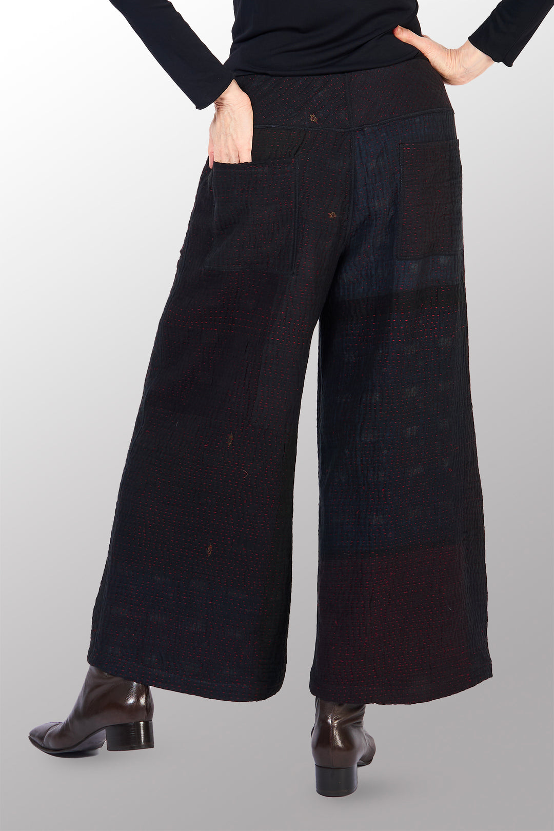MUJI PATCH KANTHA MID RISE WIDE LEG PANTS - mp4665-blk -