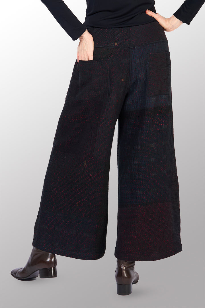MUJI PATCH KANTHA MID RISE WIDE LEG PANTS - mp4665-blk -