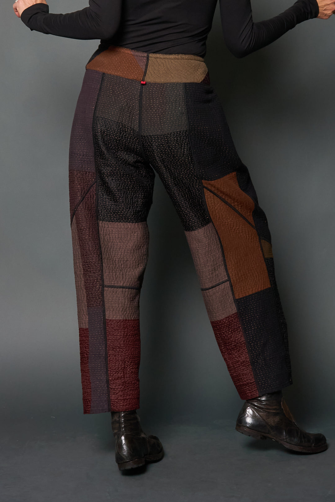 DENIM SUN-DYE KANTHA PANELED LANTERN PANTS - ds3675-brn -