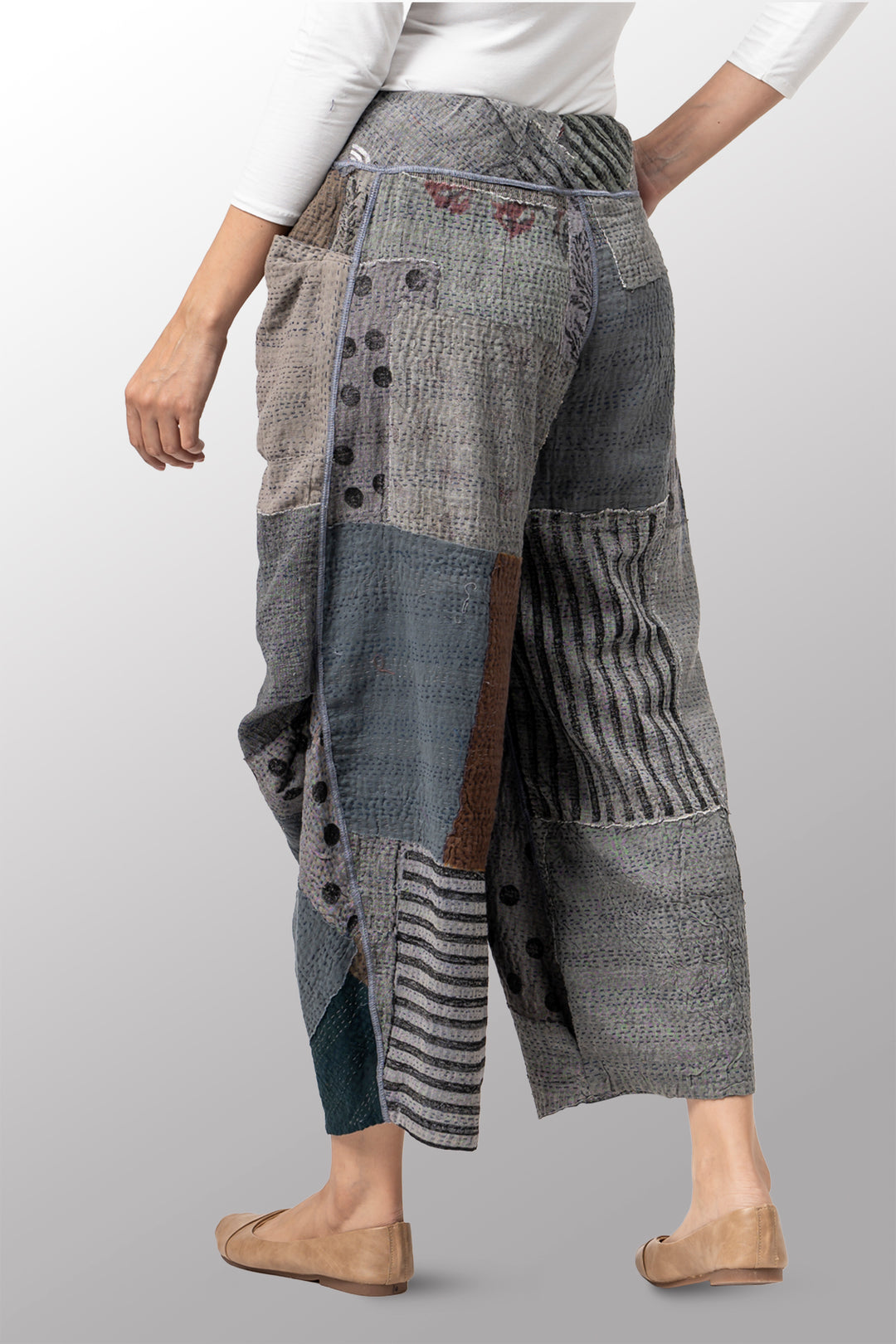 FRAYED PATCH KANTHA KNEE TUCKED PANTS - fi2625-gry -