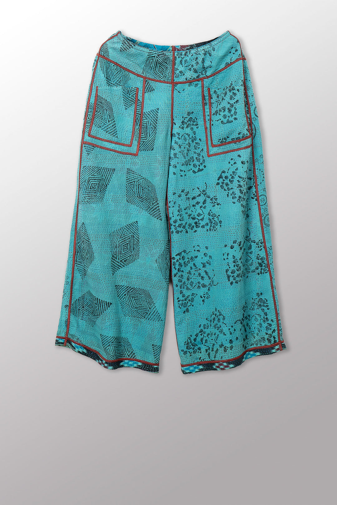 VINTAGE COTTON & NEW VOILE KANTHA MID RISE WIDE LEG PANTS - cn2665-0002s -