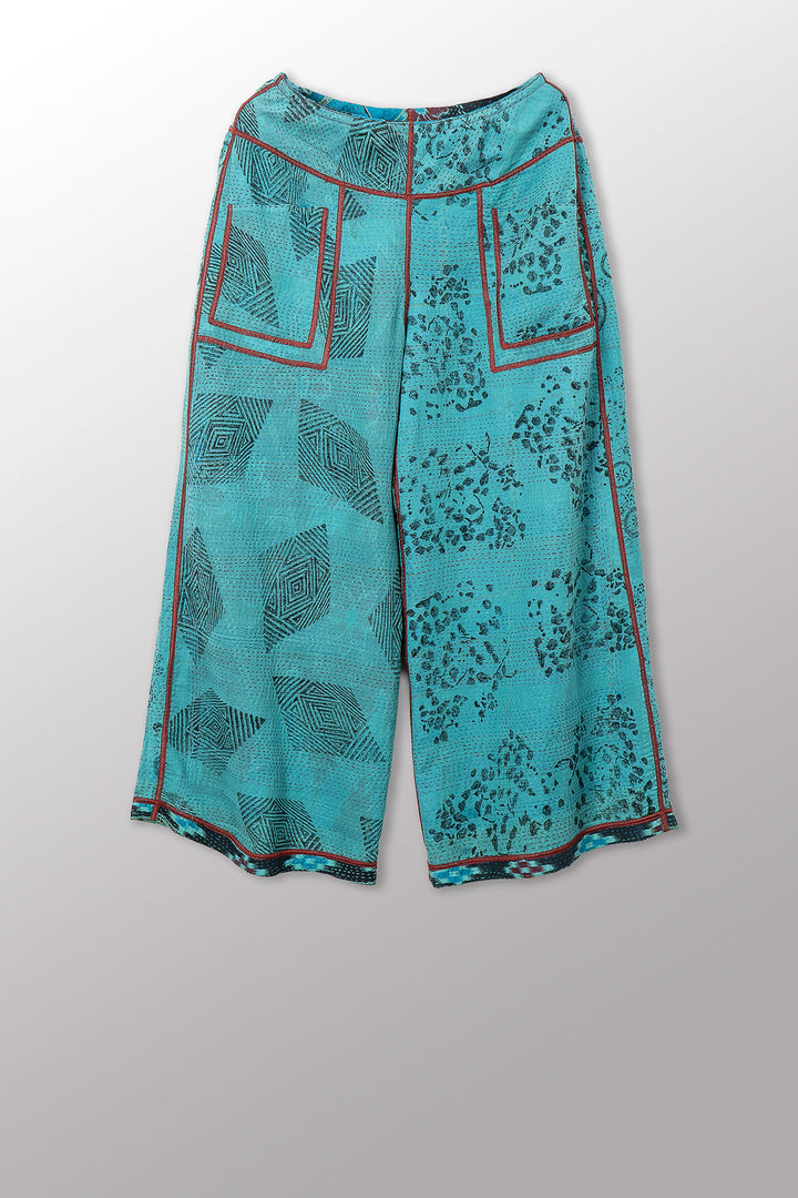 VINTAGE COTTON & NEW VOILE KANTHA MID RISE WIDE LEG PANTS - cn2665-0002s -