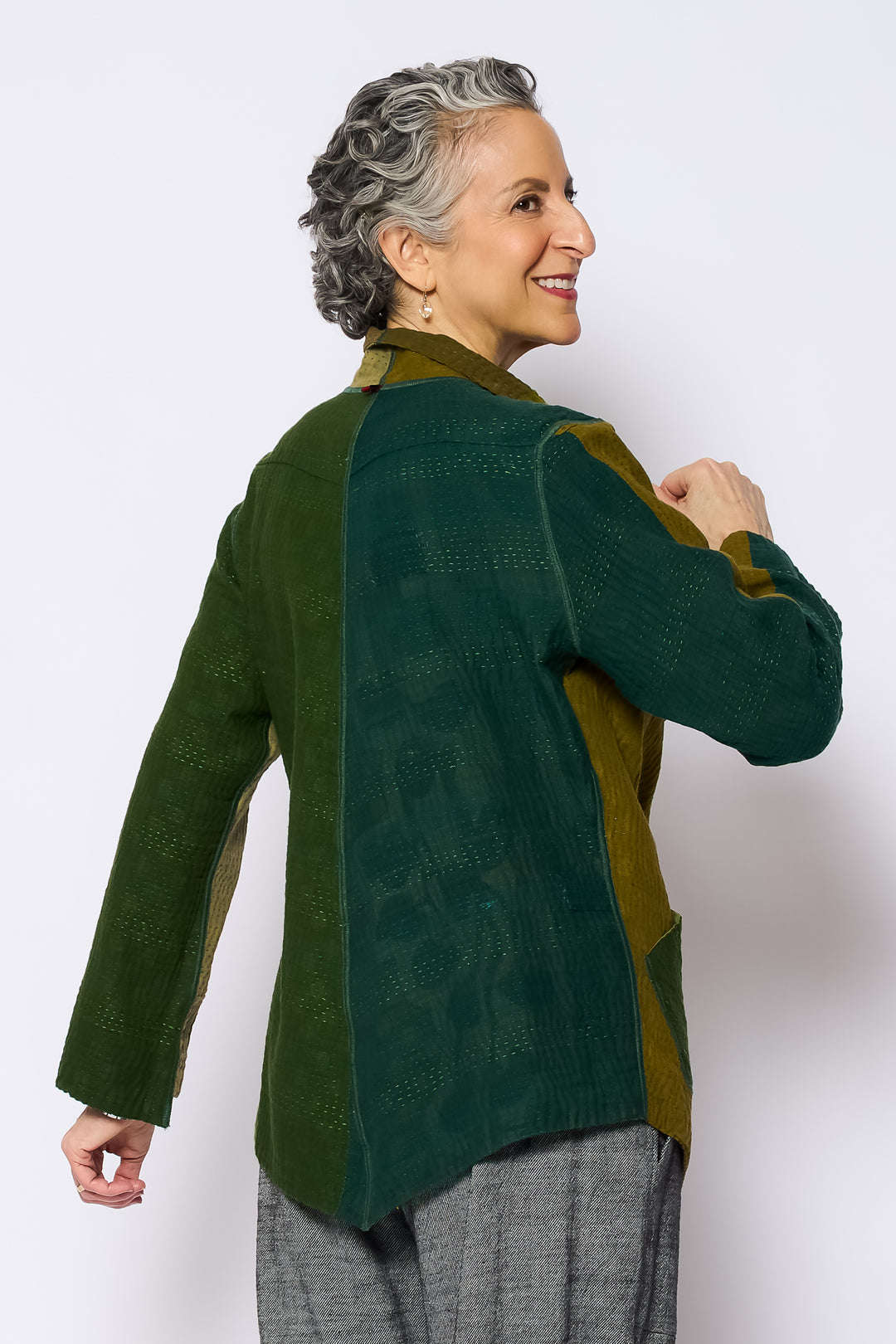 FRAYED PATCH MIX KANTHA WING COLLAR JACKET - fm4013-grn -