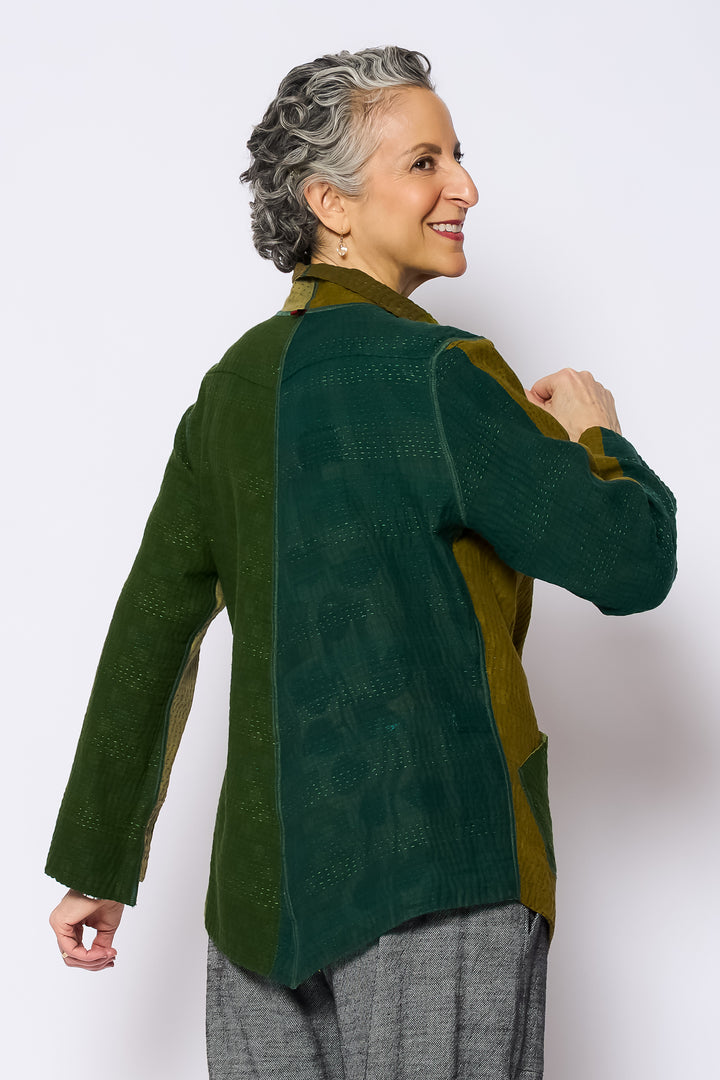 FRAYED PATCH MIX KANTHA WING COLLAR JACKET - fm4013-grn -