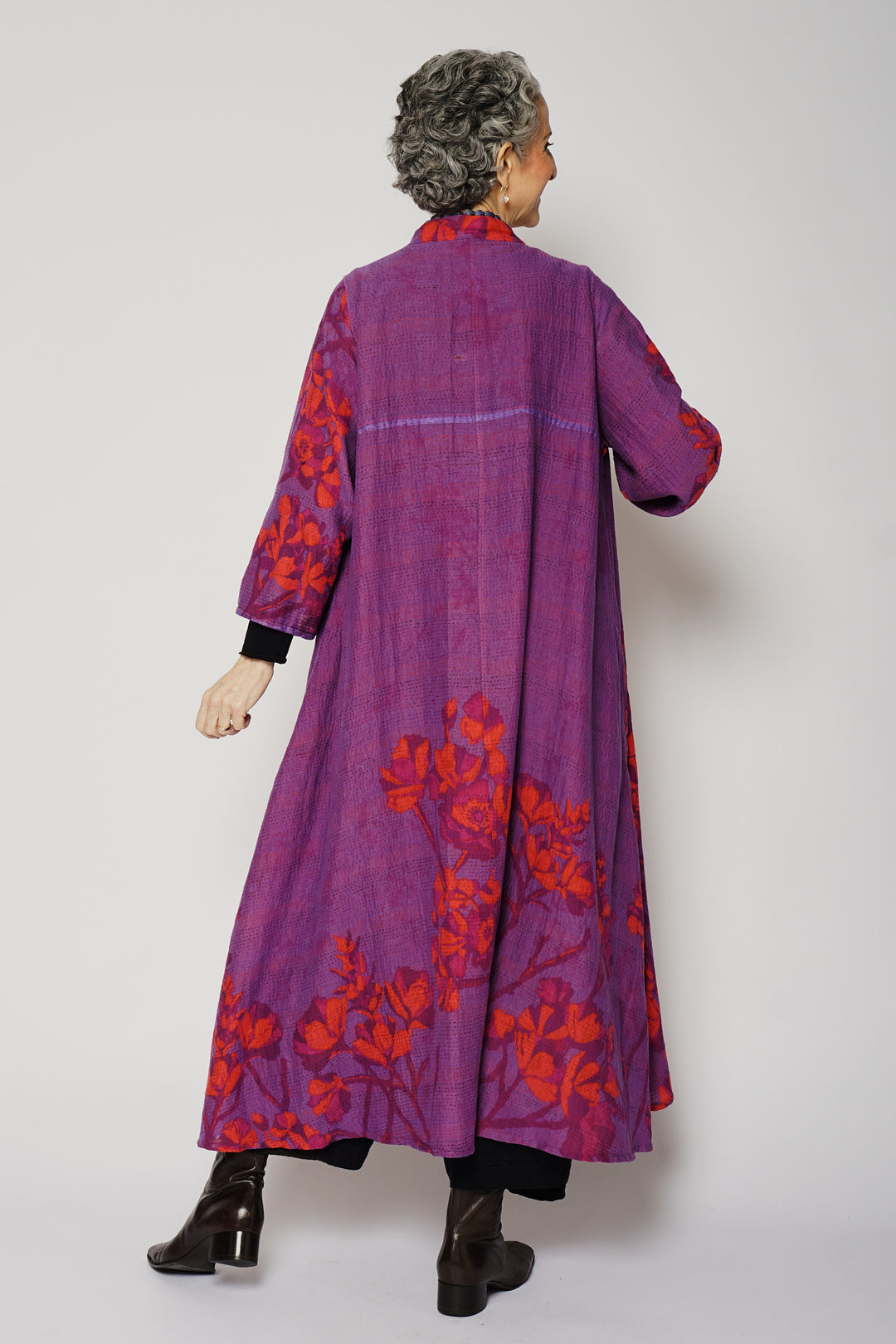 BLOOMING FLOWERS KANTHA V-NECK FLARE SLEEVE DRESS - bf2445-prp -