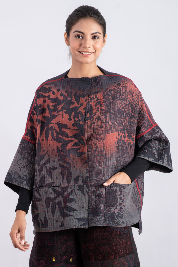 MONOTONE TWILIGHT PRINT KANTHA STRAIGHT NECK JKT - tp4058-red -